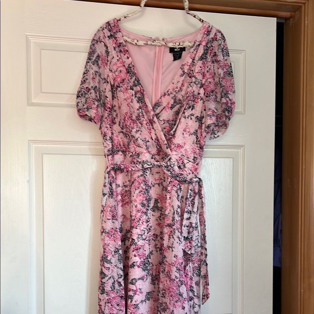 Dkny Pink Puff Sleeve Wrap Midi Dress